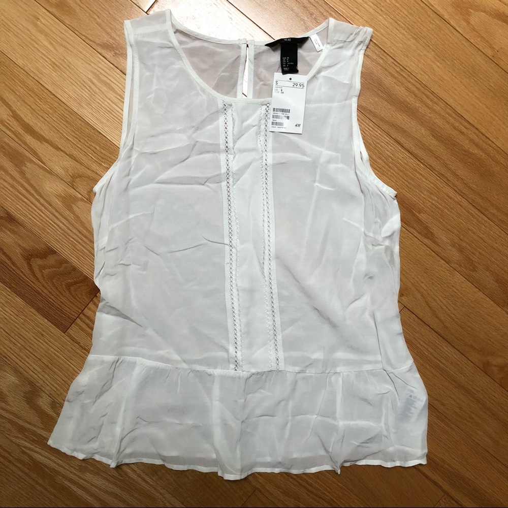 NWT H&M Silky, Sheer White Short-Sleeved Blouse with Peplum Waist